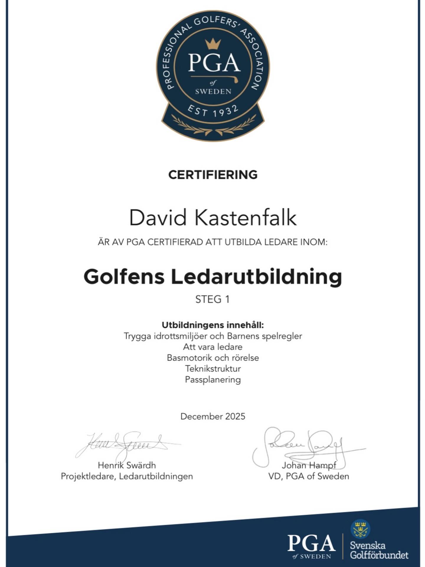 Årets sista utbildning? 🎓⛳️
Certifieringen visar att man har genomgått PGA:s utbildarutbildning och därmed besitter den kompetens som krävs för att utbilda och stödja golfklubbens ledare enligt PGA:s riktlinjer. 

Nu blir det ett välförtjänt jul- och nyårsuppehåll innan 2026 års utbildning och vidareutveckling tar vid 🎄
#kastenfalkgolf #pgasweden